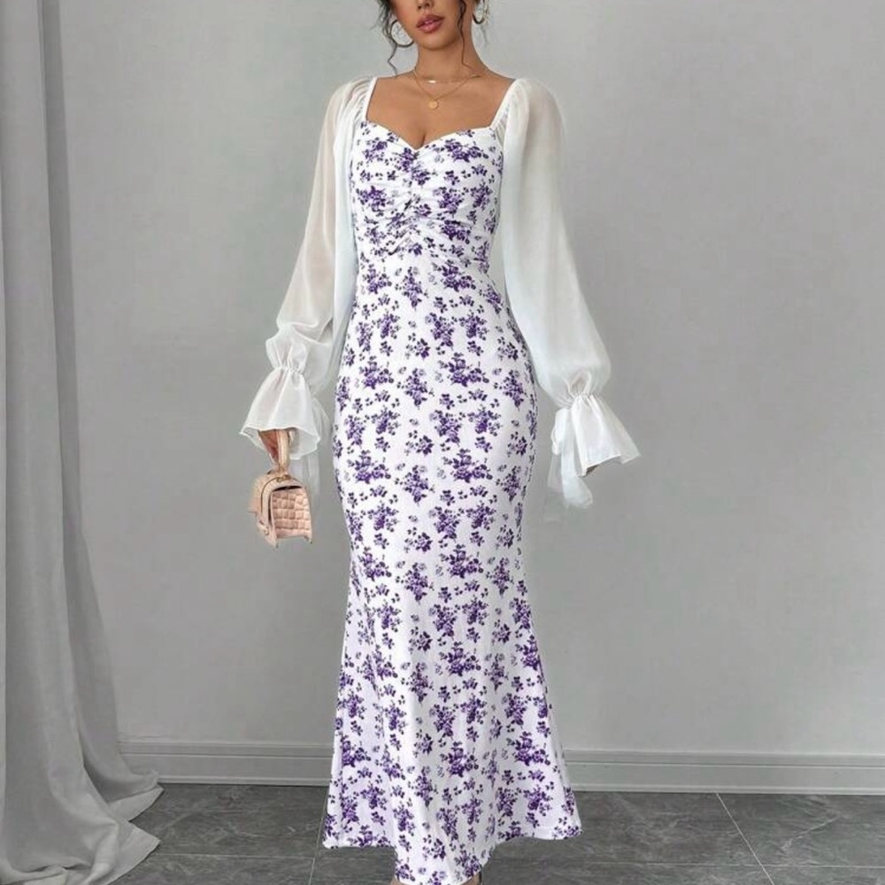 SHEIN White and Purple Long Sleeve Floral Dress